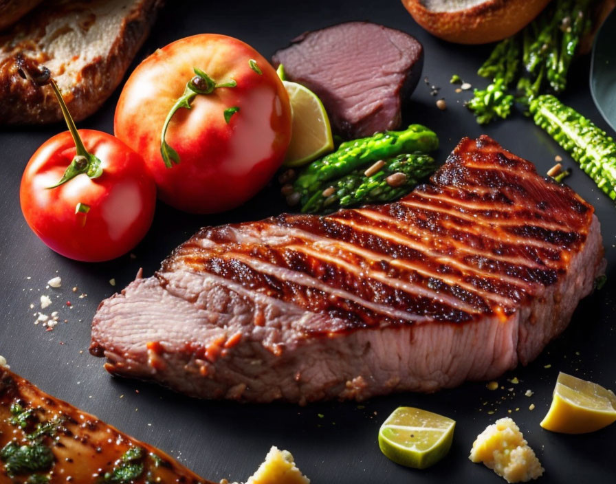 Grilled steak with asparagus, tomatoes, and lime on dark surface