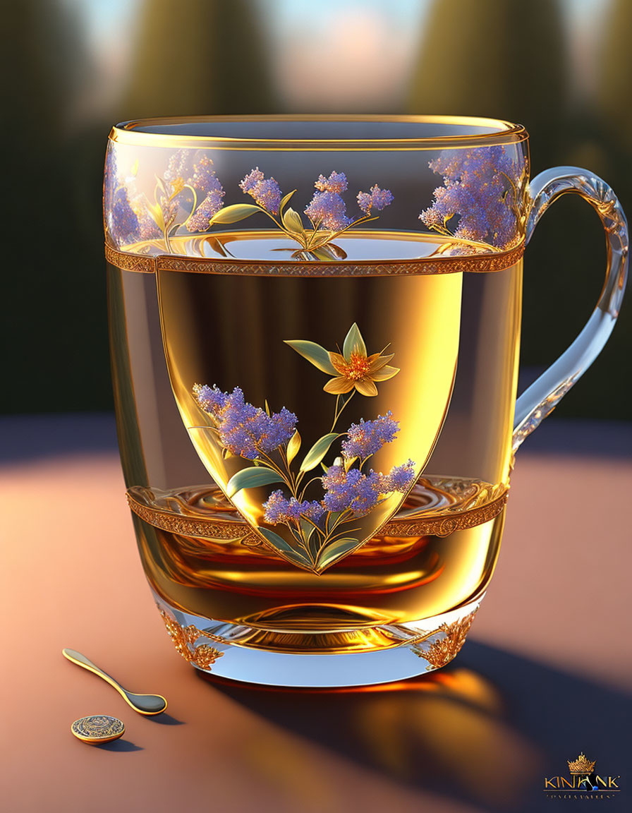 Golden-patterned glass tea cup with blue flowers and teaspoon on blurred backdrop.