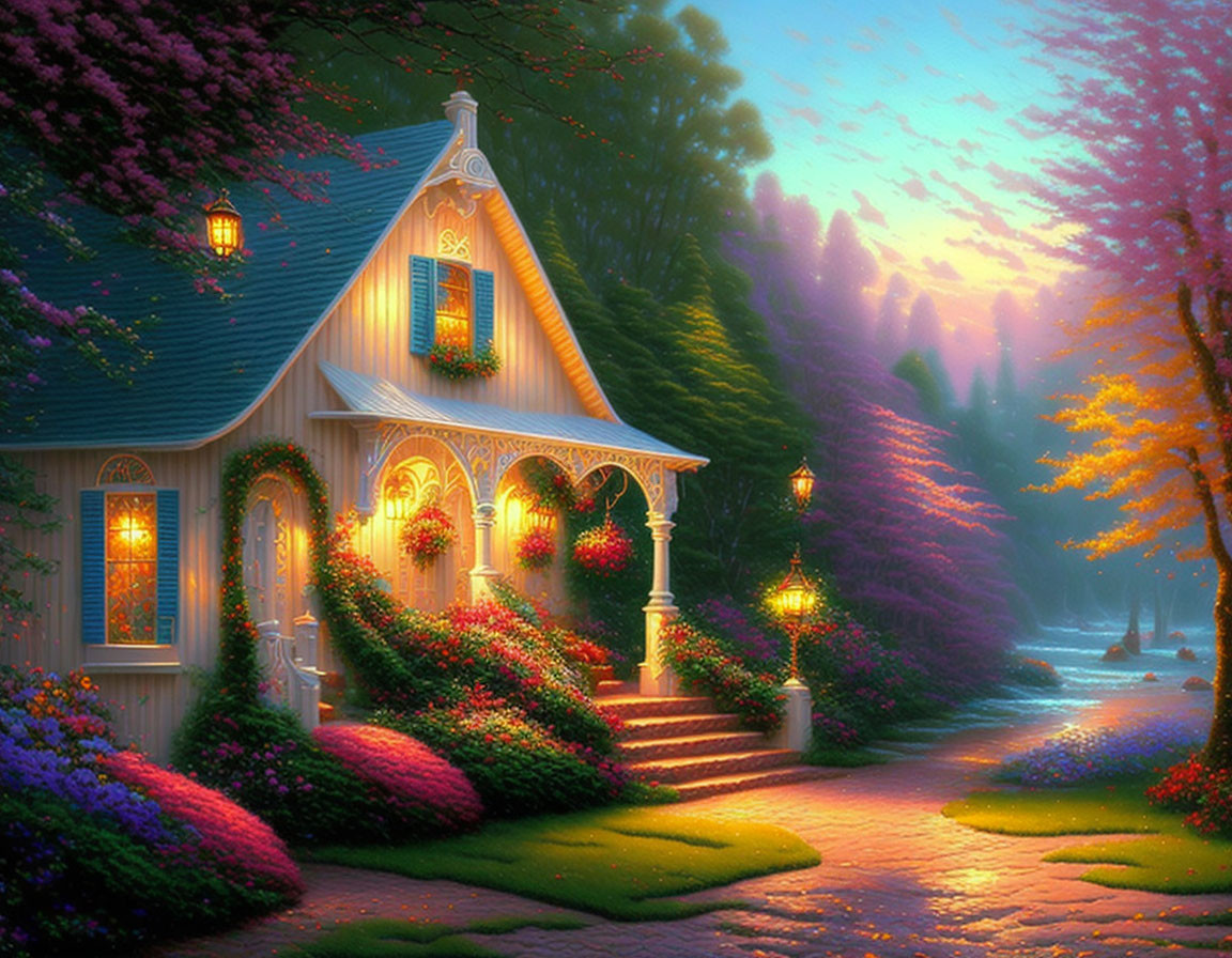 Cozy house surrounded by flowers and trees at sunset