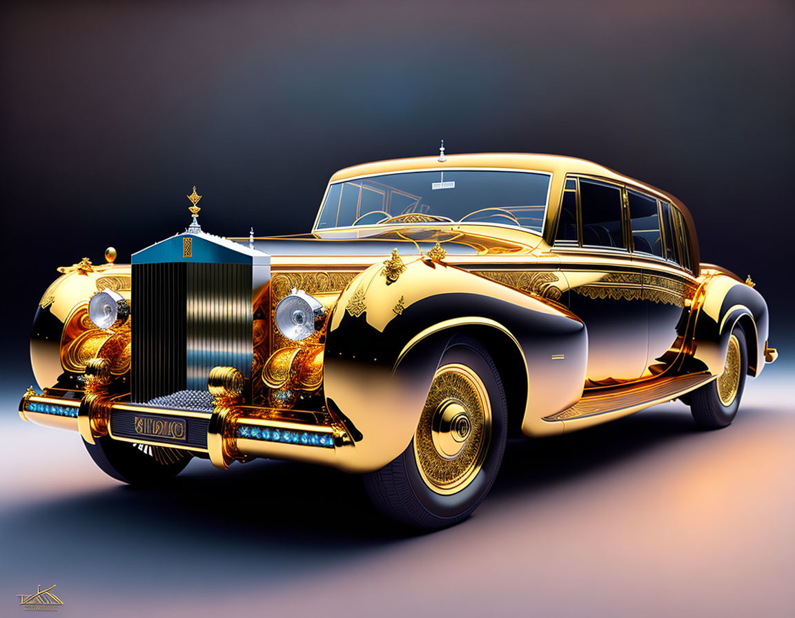 Luxurious Golden Car with Intricate Designs on Dark Gradient Background