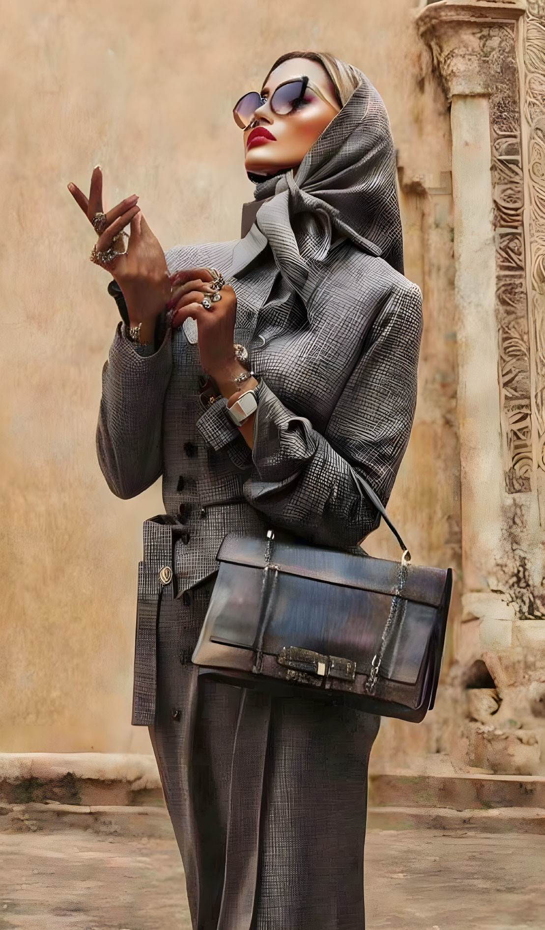 Stylish woman in houndstooth suit, headscarf, sunglasses, and accessories posing