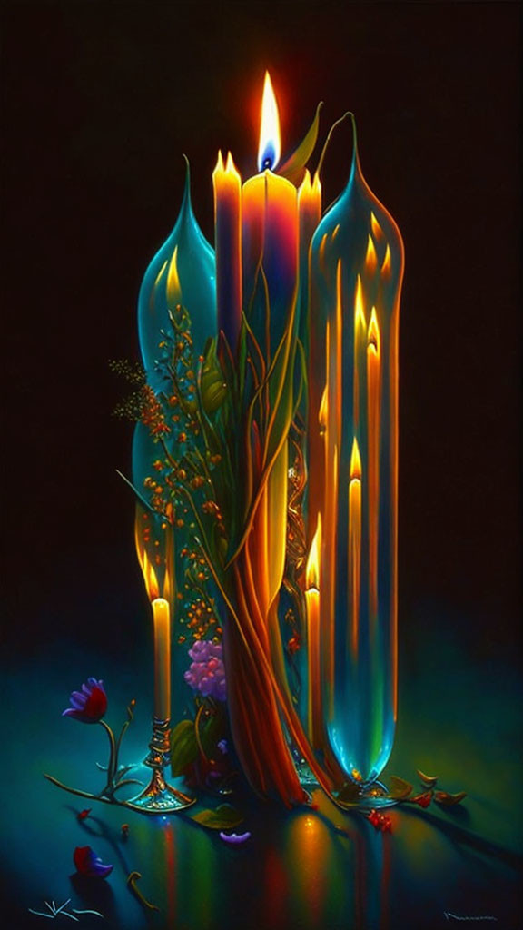 Colorful painting of tall candles with central flame amidst lush flora and petals on dark backdrop