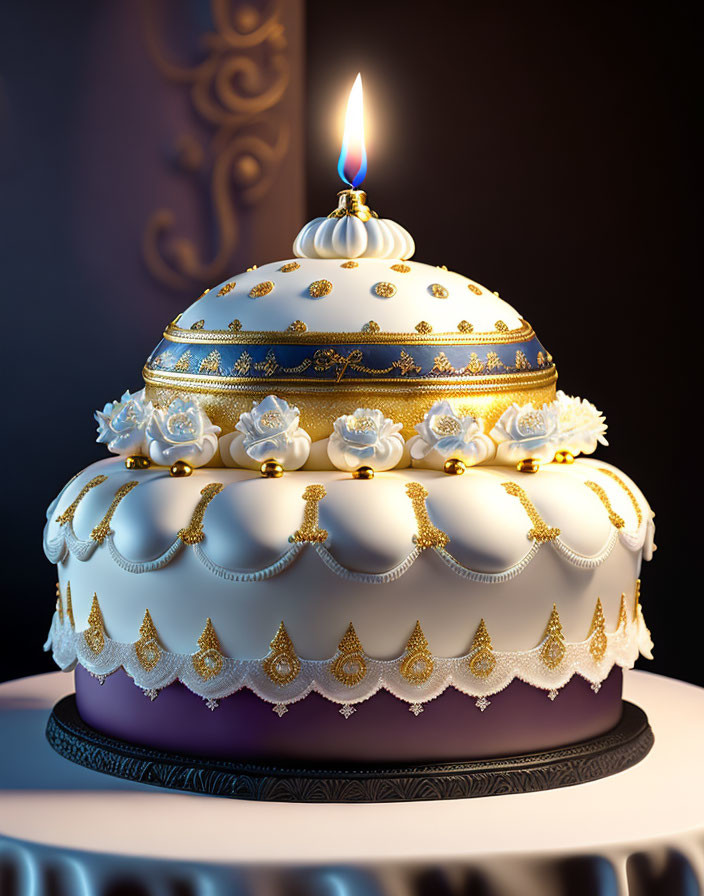 Elegant two-tiered cake with white frosting and gold accents