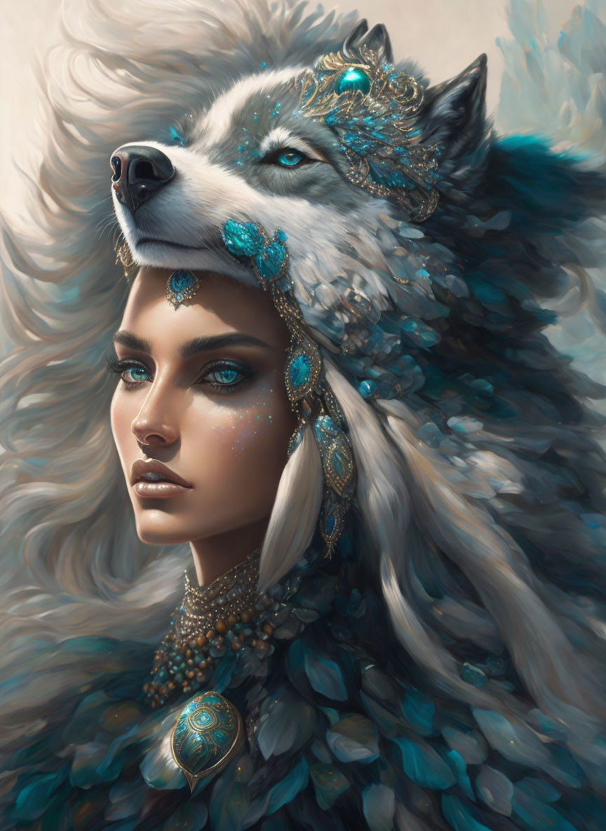 Fantasy illustration of woman with wolf head, blue gemstone jewelry, mystical aura