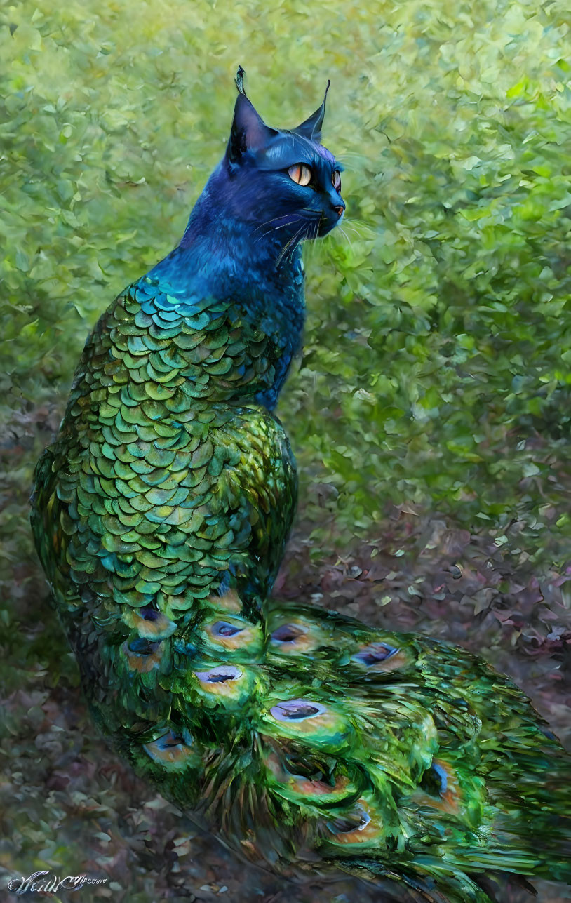 Digital artwork: Peacock body with cat head, vibrant green and blue plumage, orange eyes