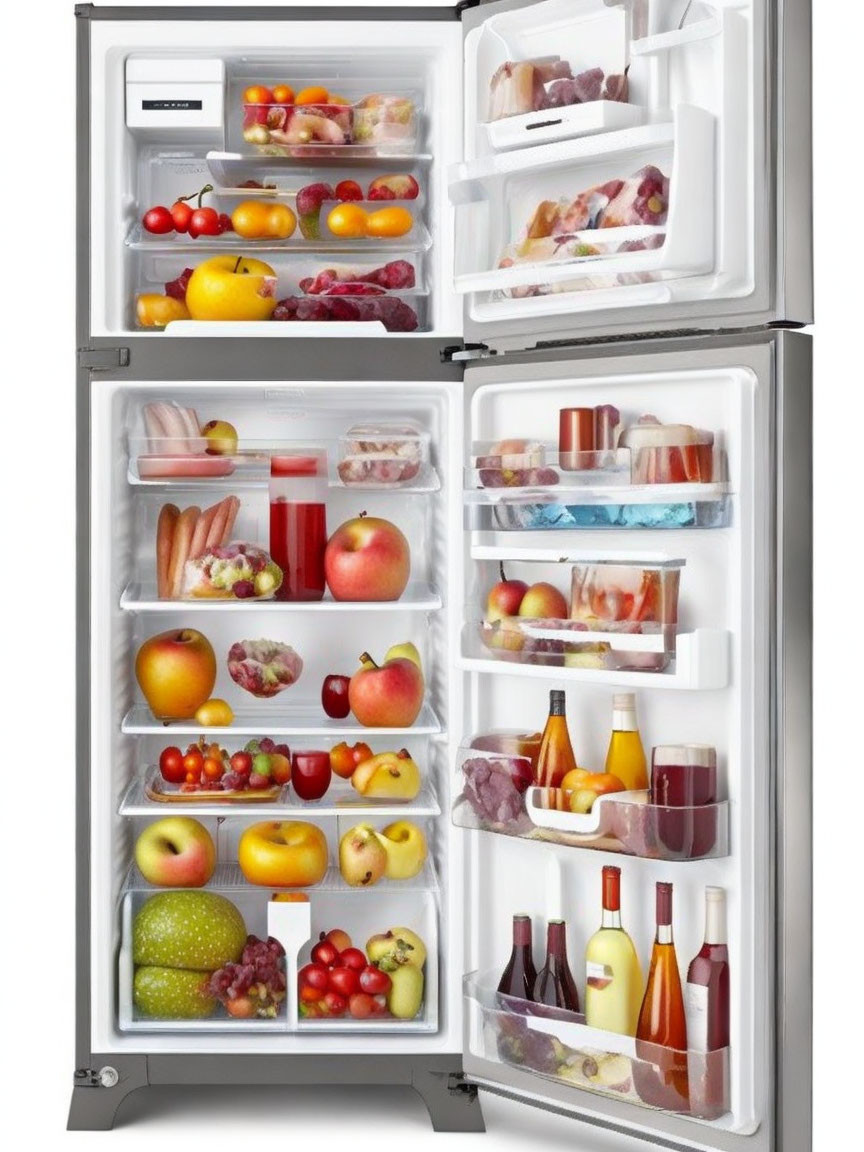 Assorted fresh foods neatly organized in filled refrigerator