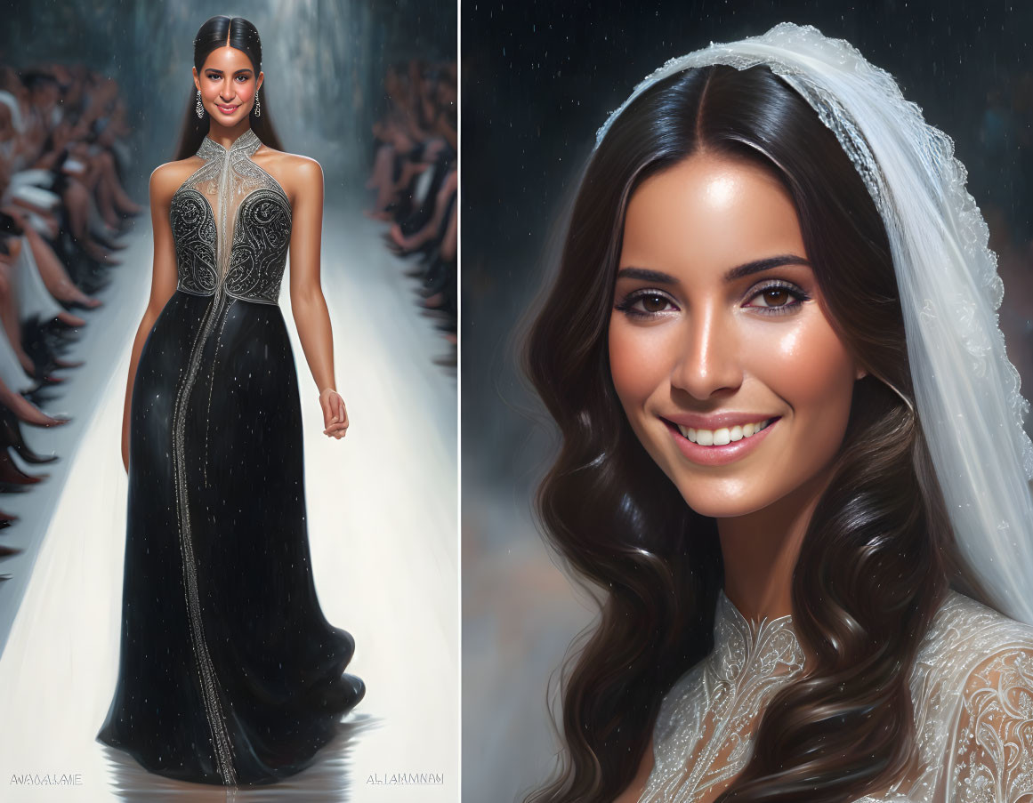 Bride in white lace veil and smiling portrait, elegant woman in starry black gown.