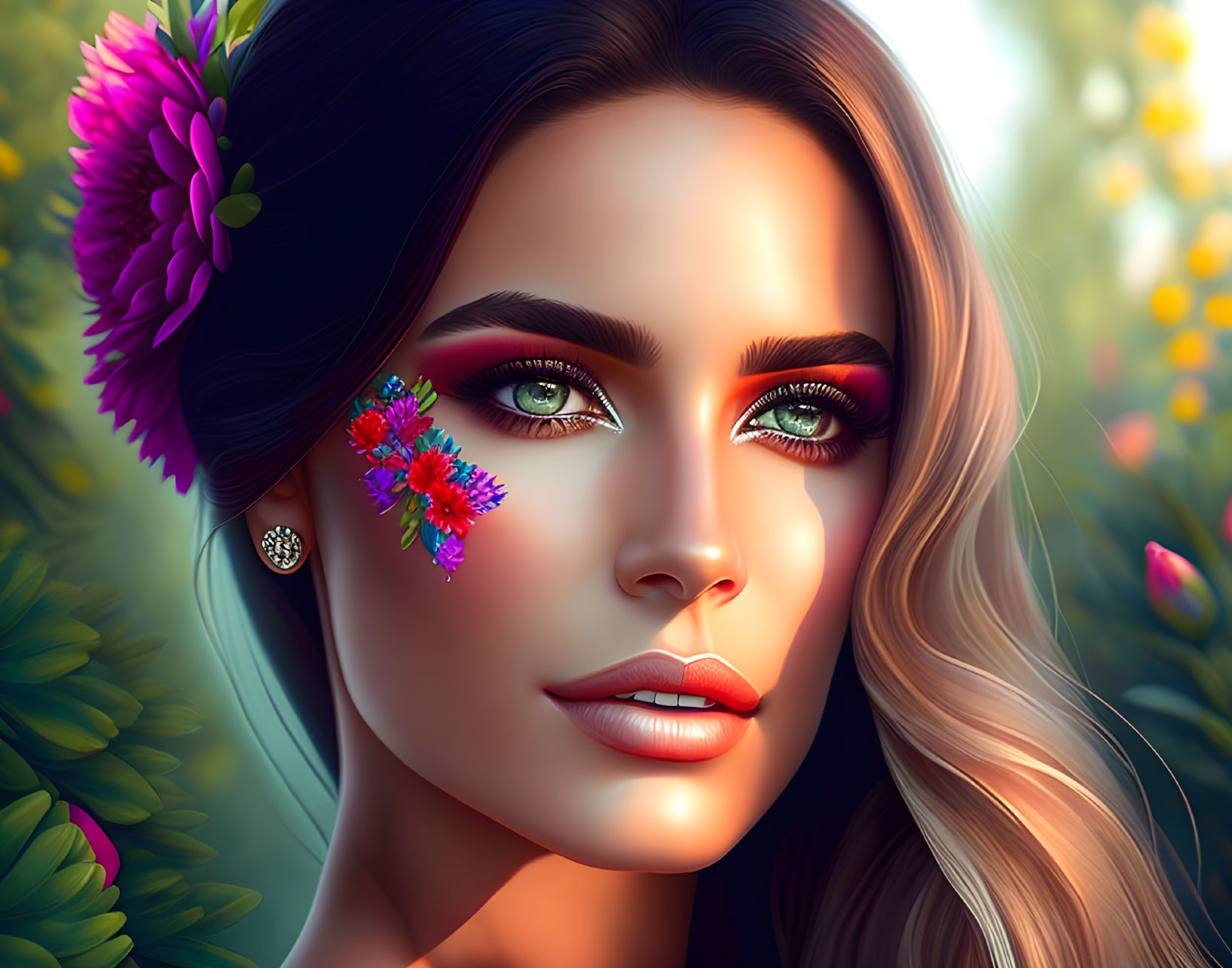 Digital portrait: Woman with green eyes and floral makeup on blurred natural backdrop