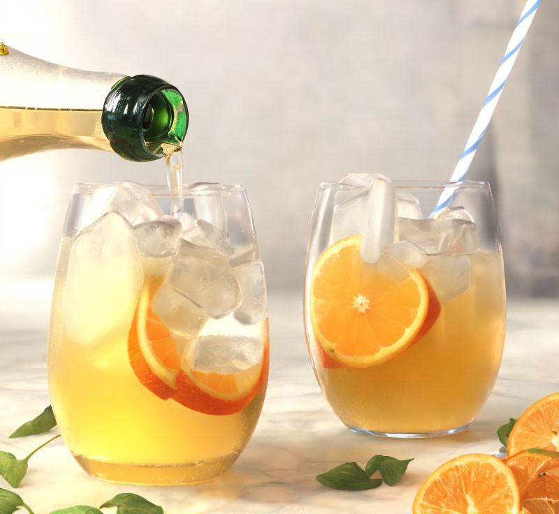 Sparkling Beverage Poured into Glass with Ice and Lemon, Citrus Slices on Table