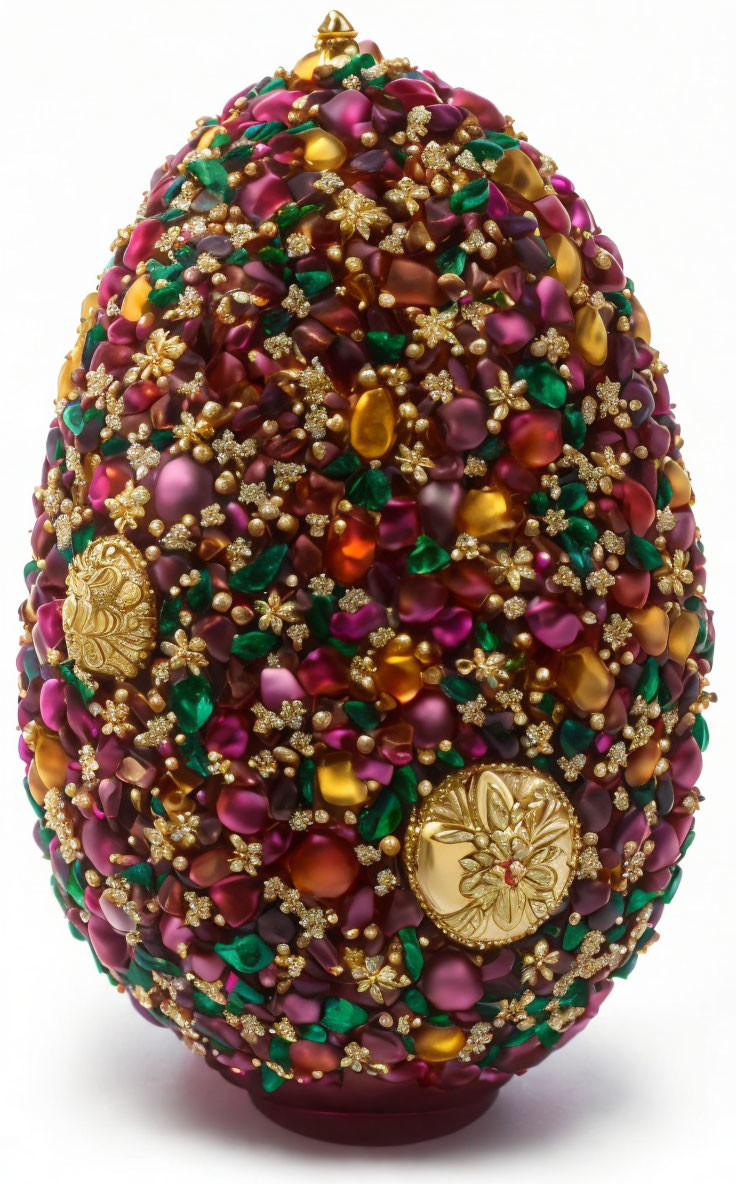 Jewel-Adorned Ornate Egg with Red, Green, and Amber Colors