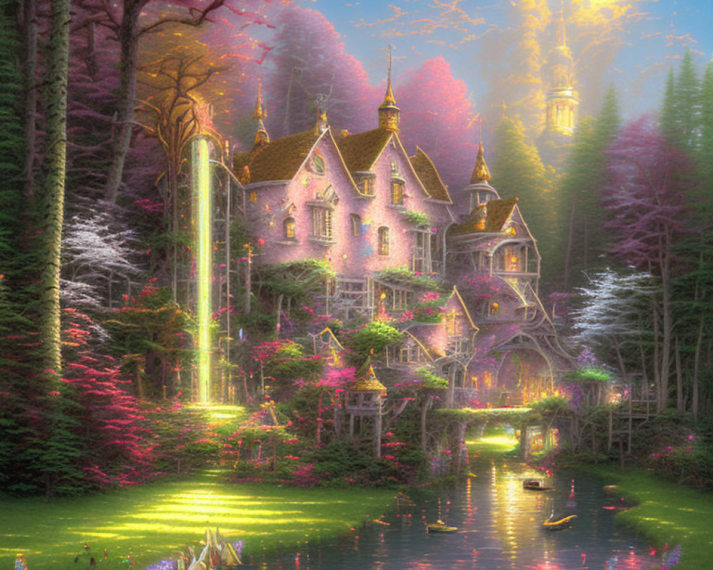 Enchanting fairy tale castle in lush forest with waterfalls