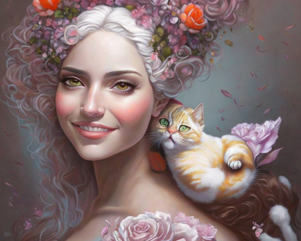 Smiling woman with white floral hair adornments holding orange tabby cat