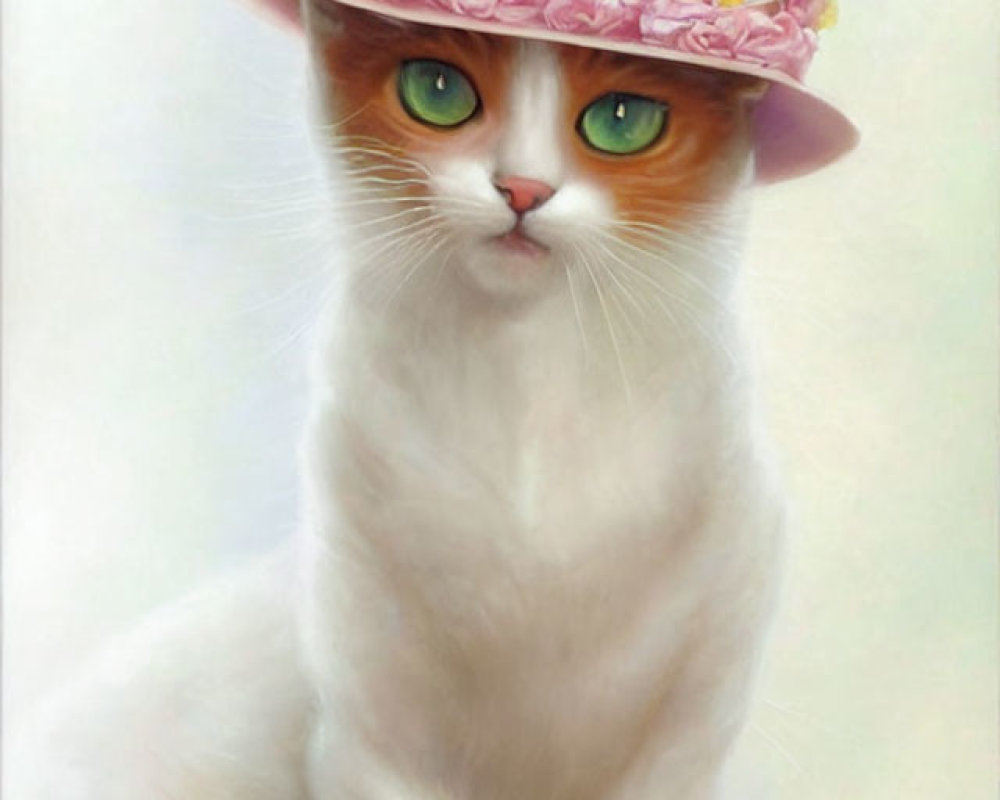 Whimsical white cat with green eyes in pink hat and pastel beads