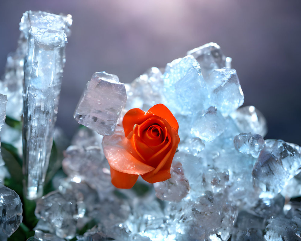 Orange Rose Blooms Among Translucent Ice Crystals