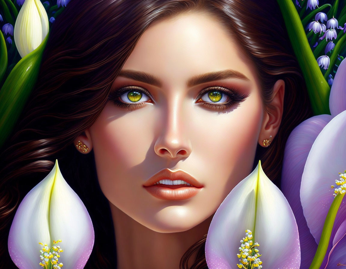 Close-up digital portrait of a woman with green eyes and floral surroundings