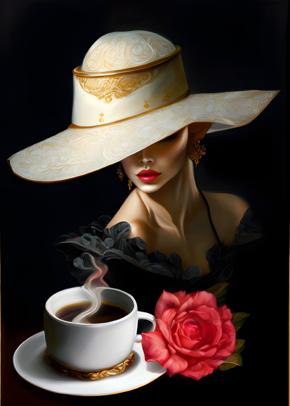 Stylish woman in ornate hat with coffee and red rose on dark background