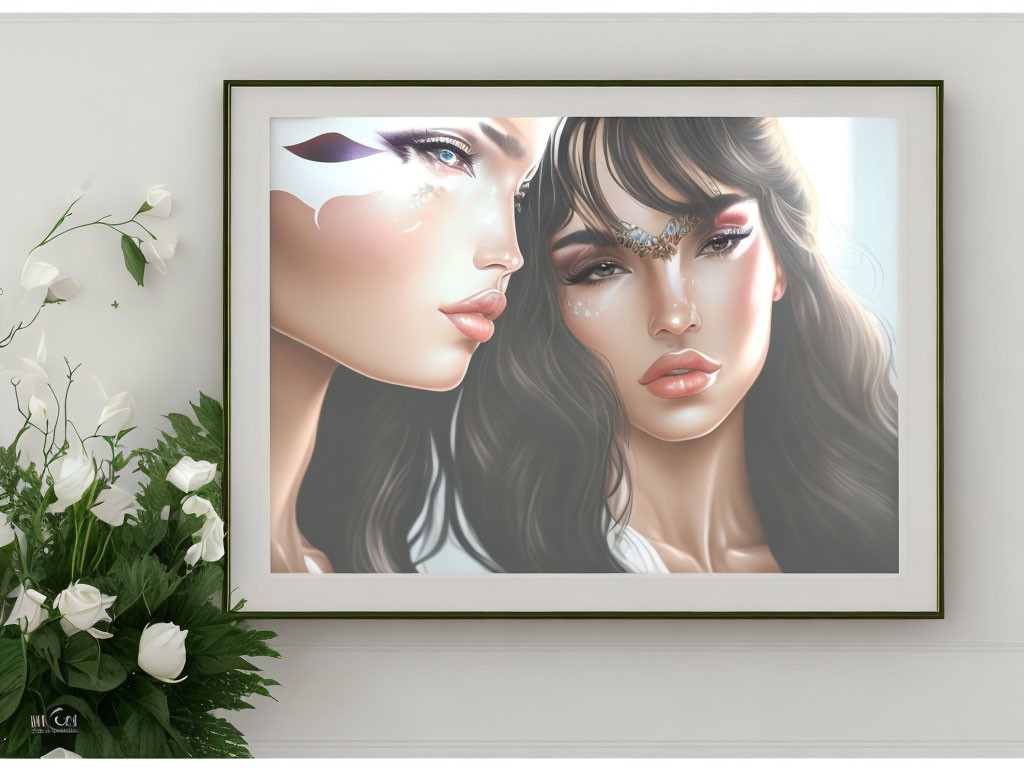 Stylized makeup on two women in framed digital art