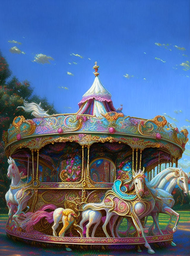 Colorful Carousel with Ornate Decorations at Twilight