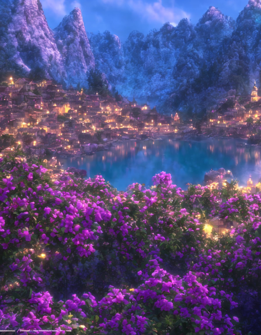 Twilight scene: Glowing village near lake, mountains, purple flowers