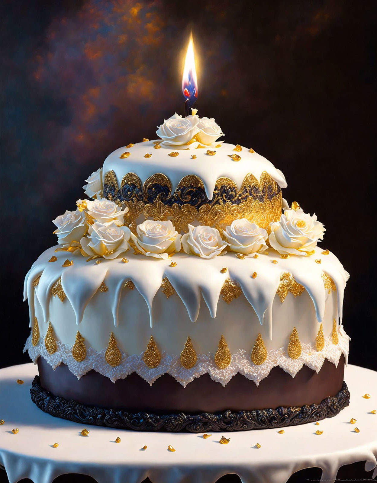 Two-tiered cake with white and chocolate icing, gold accents, white roses, and a lit candle