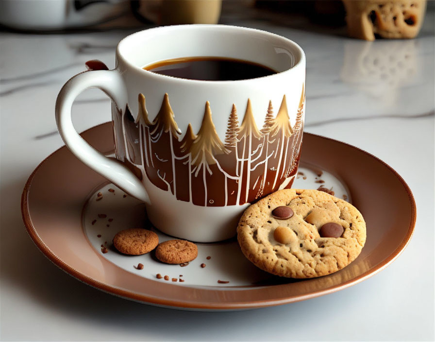 Mountain Design Coffee Cup on Saucer with Cookie and Biscuits on Marble Surface