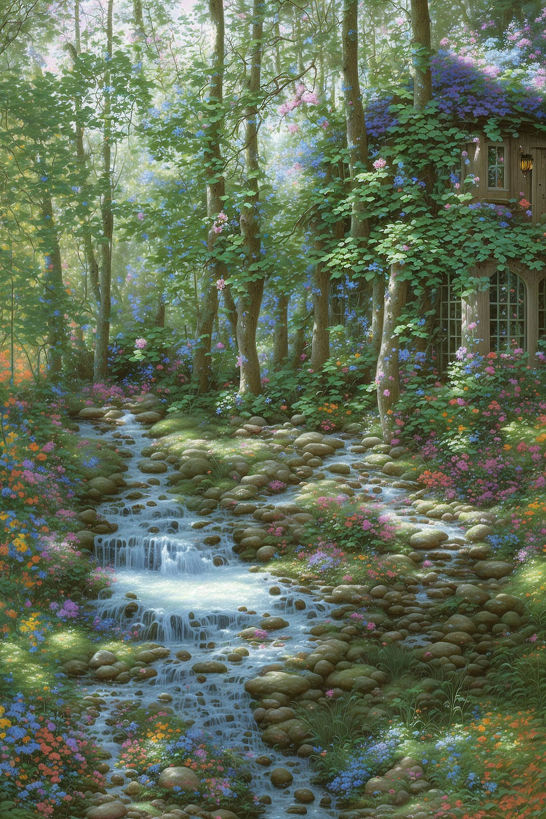 Tranquil stream with cascading water, lush forest, and quaint cottage.