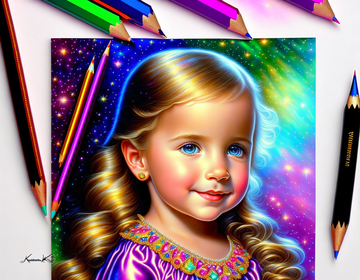 Colorful Portrait of Young Girl with Curly Hair and Cosmic Background