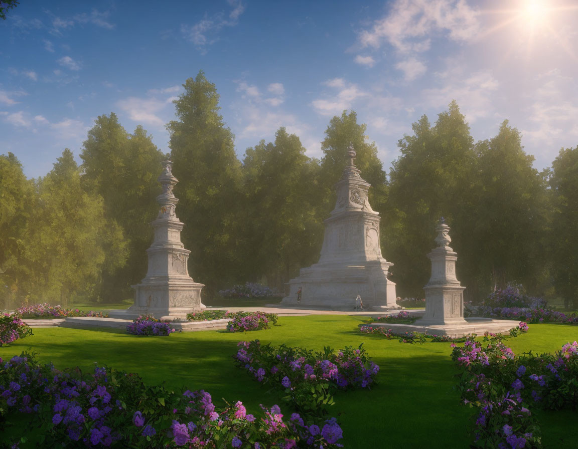 Tranquil park with white stone monuments, green trees, purple flowers, serene atmosphere.