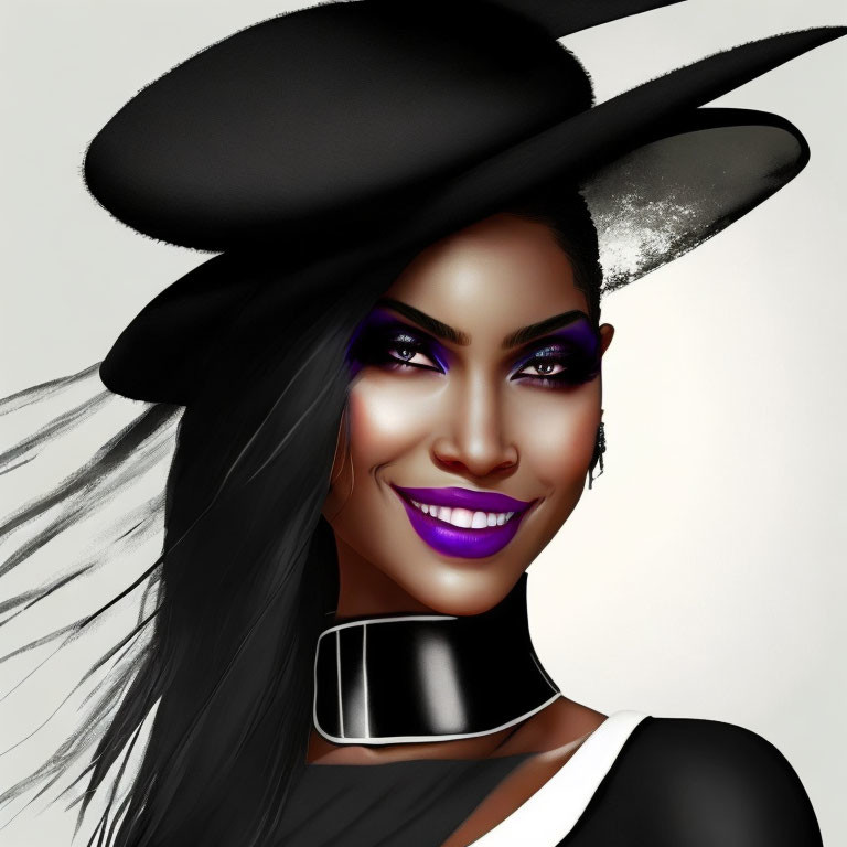 Portrait of smiling woman with dark skin, purple makeup, black hat, and choker on grey backdrop