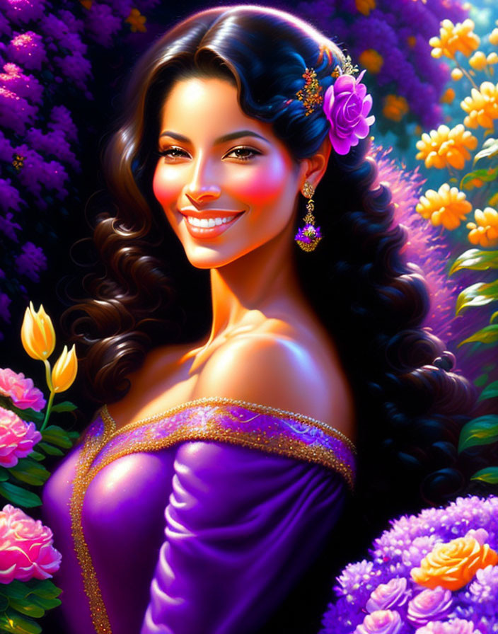 Colorful digital portrait of a smiling woman with dark hair and flowers, in purple attire amidst vibrant floral