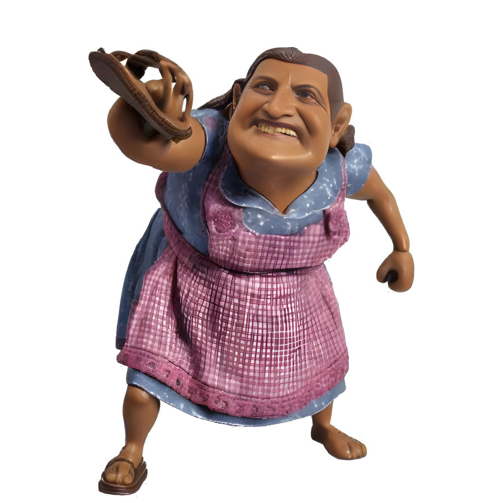 Stout Animated Character in Dress and Apron Throwing Slipper