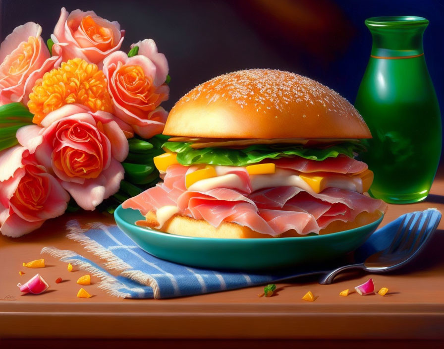 Colorful still life: ham and cheese sandwich, roses bouquet, green vase, fork on striped nap