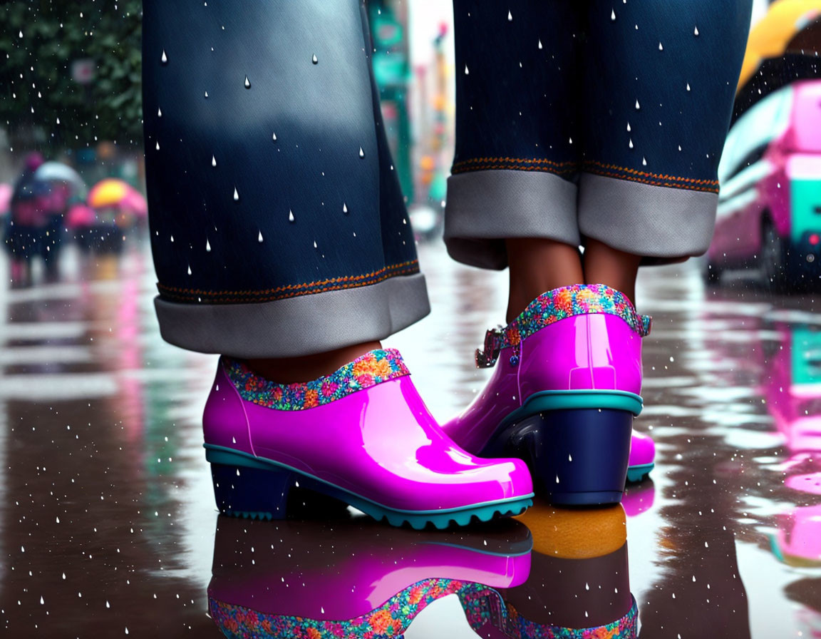 Vibrant pink patterned rain boots stepping into a reflective puddle on a wet surface