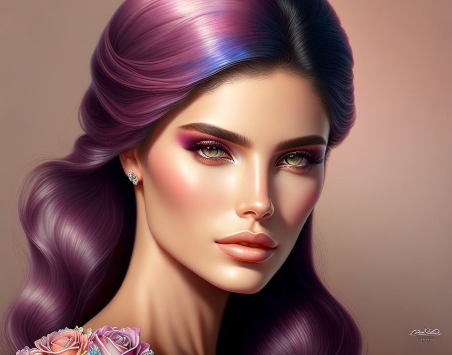 Vibrant woman portrait with purple hair and roses bouquet