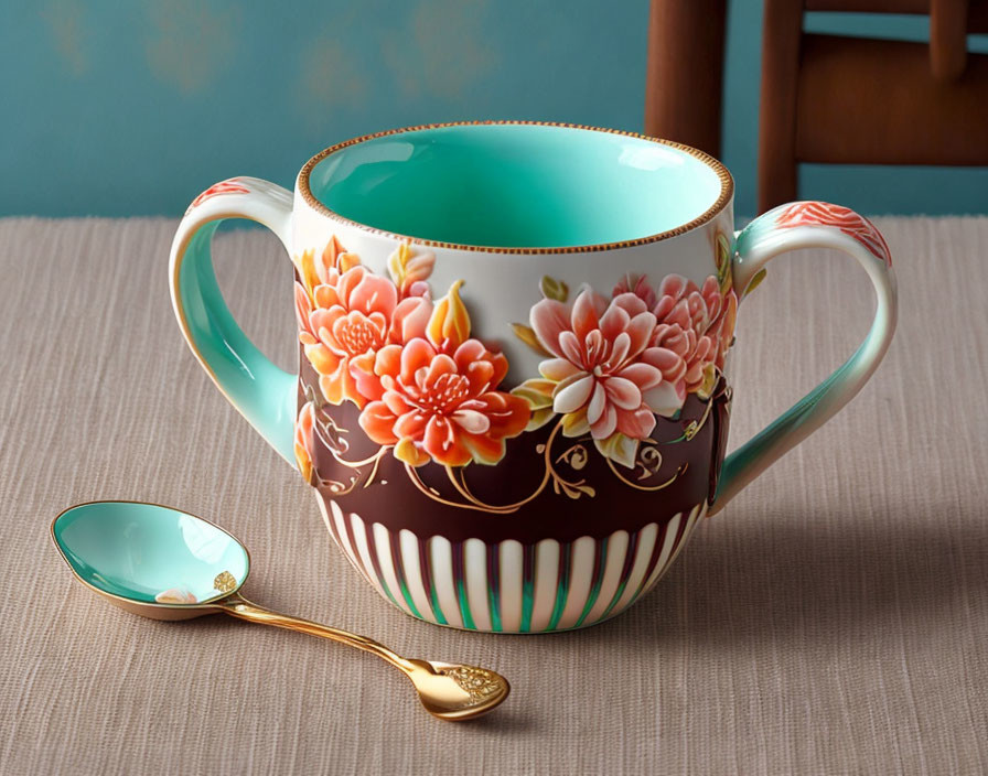 Floral Design Two-Handled Cup with Gold Rim and Teal Interior on Table