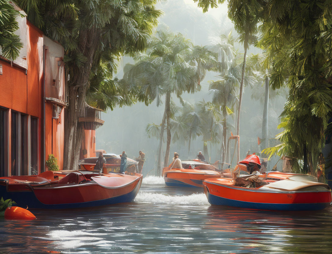 Tranquil canal scene with rowing boats, tropical trees, and orange buildings.