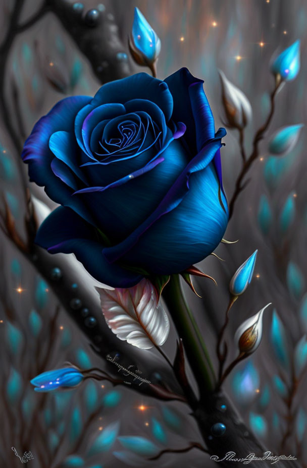 Detailed blue rose among dark branches and glowing particles.