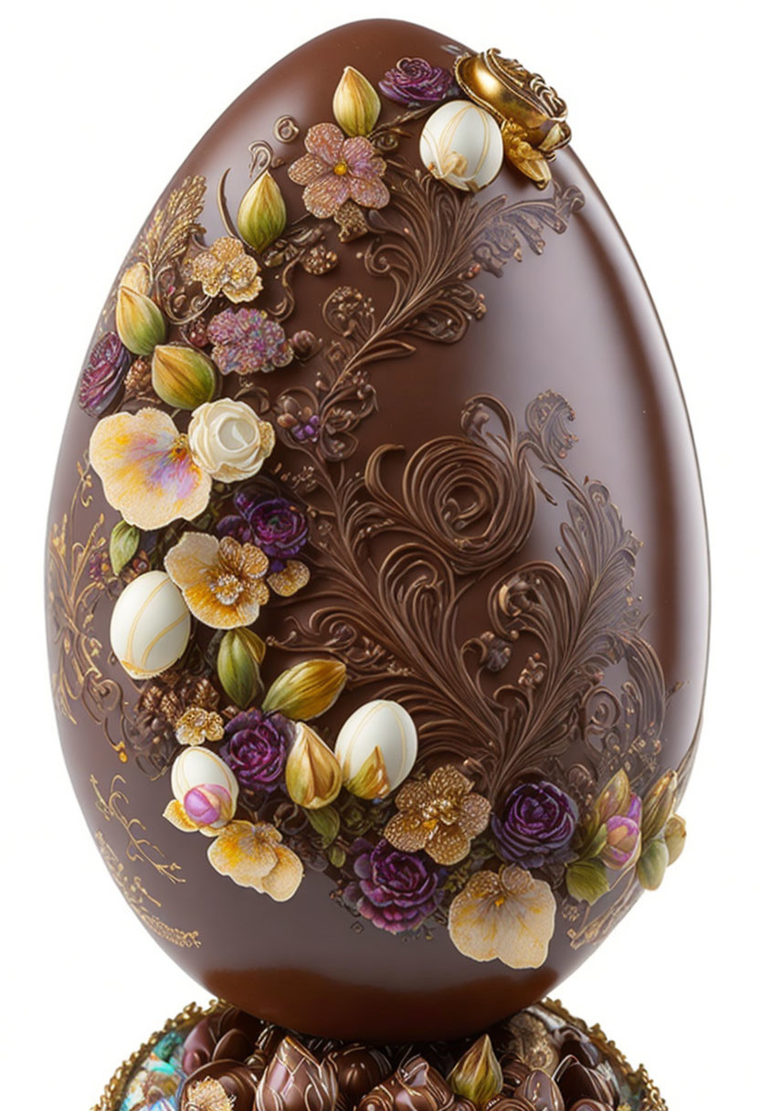 Intricate gold details on colorful flower-adorned chocolate egg