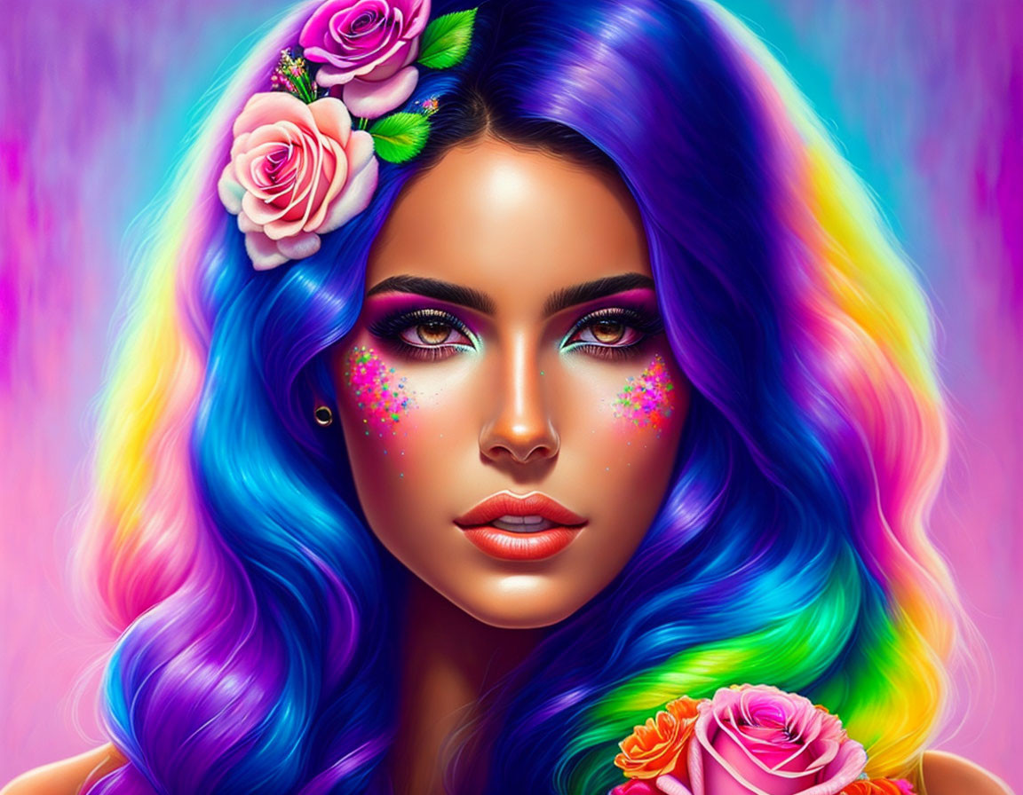 Colorful digital artwork: Woman with multicolored hair and floral decorations