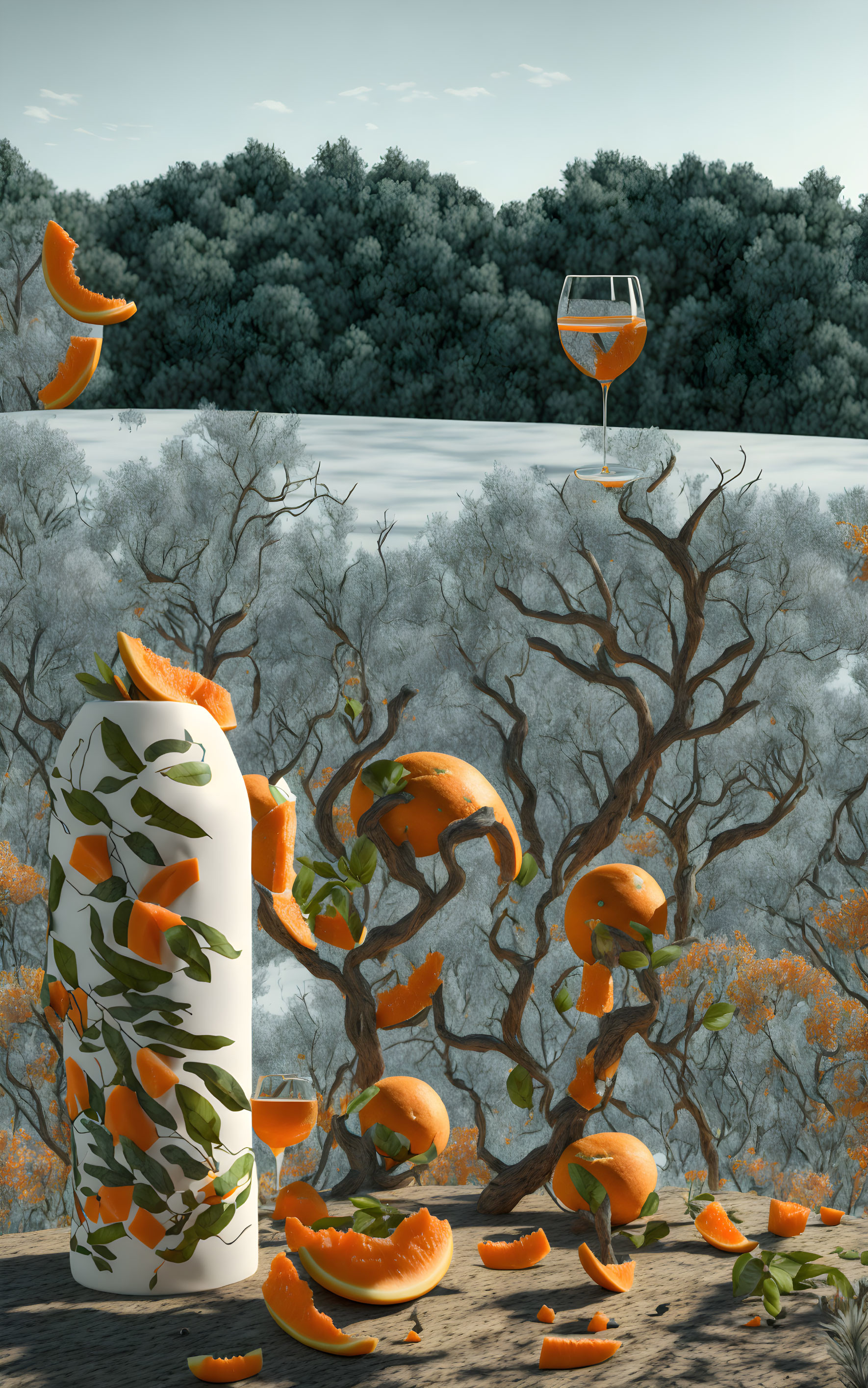 Surreal landscape with levitating orange slices and twisted tree overlooking river