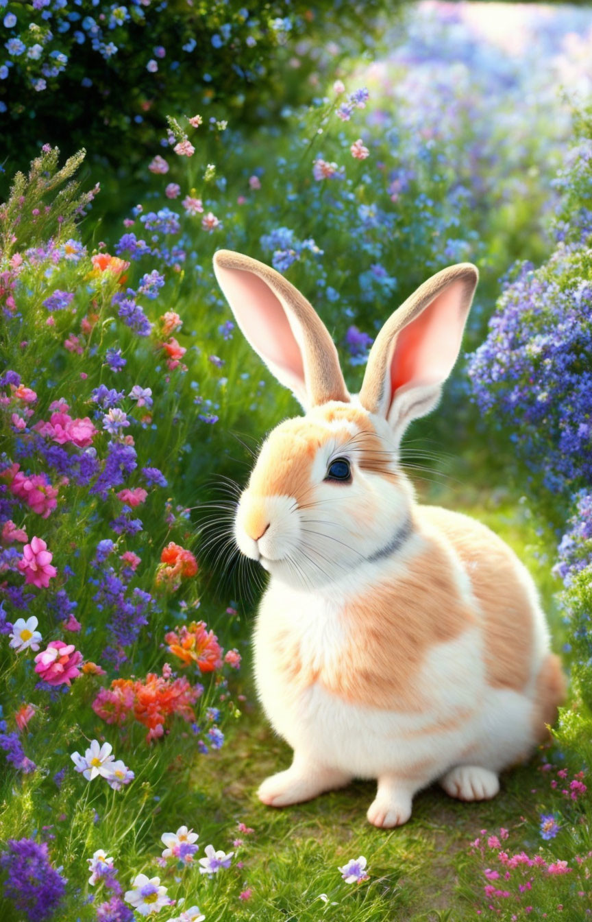 Fluffy white and tan rabbit in colorful garden scene