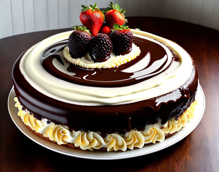 Chocolate and Vanilla Swirl Cake with Cream and Berries on Wooden Table