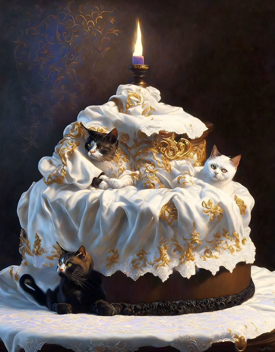 Three cats on ornate tiered cake with lit candle