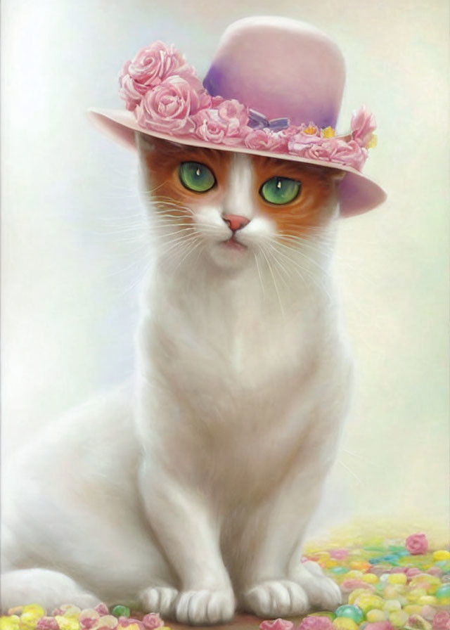 Whimsical white cat with green eyes in pink hat and pastel beads