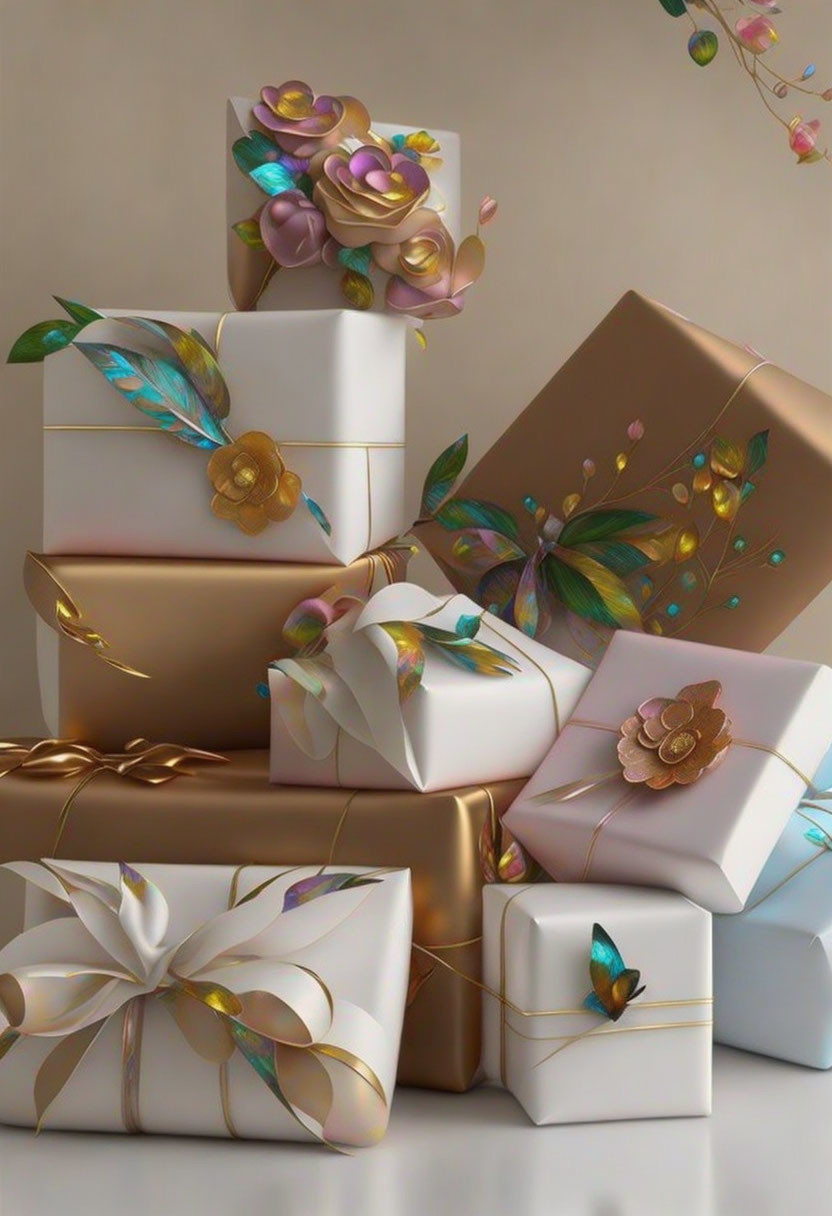 Metallic Flower Adorned Gift Boxes in Gold, Bronze, and White