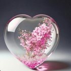 Heart-shaped glossy object with pink flowers on shaded background