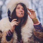 Traditional fur coat with colorful embroidery in snowy backdrop