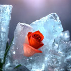 Orange Rose Blooms Among Translucent Ice Crystals