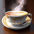 Golden-patterned cup filled with creamy coffee and fresh berries on saucer with biscuit, blurred background