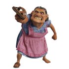 Stout Animated Character in Dress and Apron Throwing Slipper